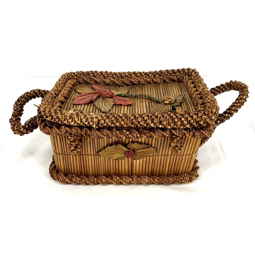 Antique Victorian Folk Art Woven Straw Basket Trinket Box 14" Wide Tramp Art